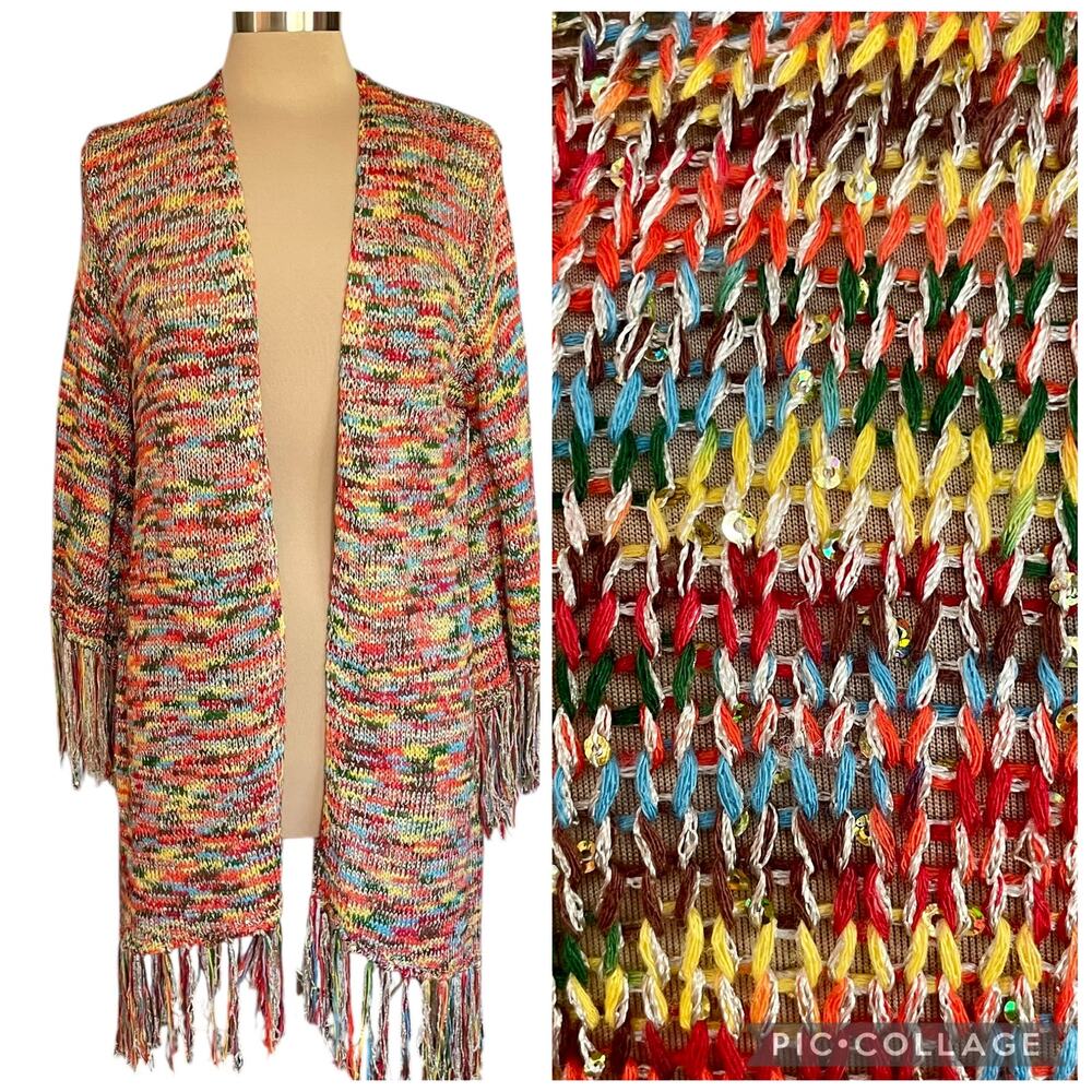Easel Multicolor Variegated Longline Cardigan Sequins Fringe M/L Boho Festival